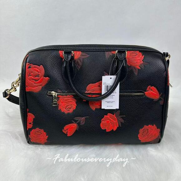 Coach Rowan Large Satchel Bag With Floral Print In Leather/Black/Red CCE27 NWT - Picture 2 of 9